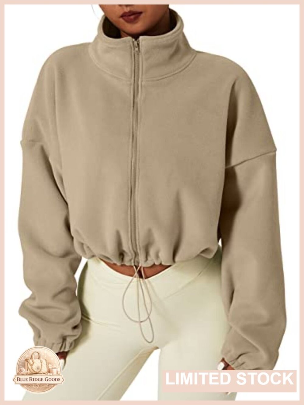 Polar Fleece Cropped Full Zip Jacket Warm Winter Stand Collar Coat